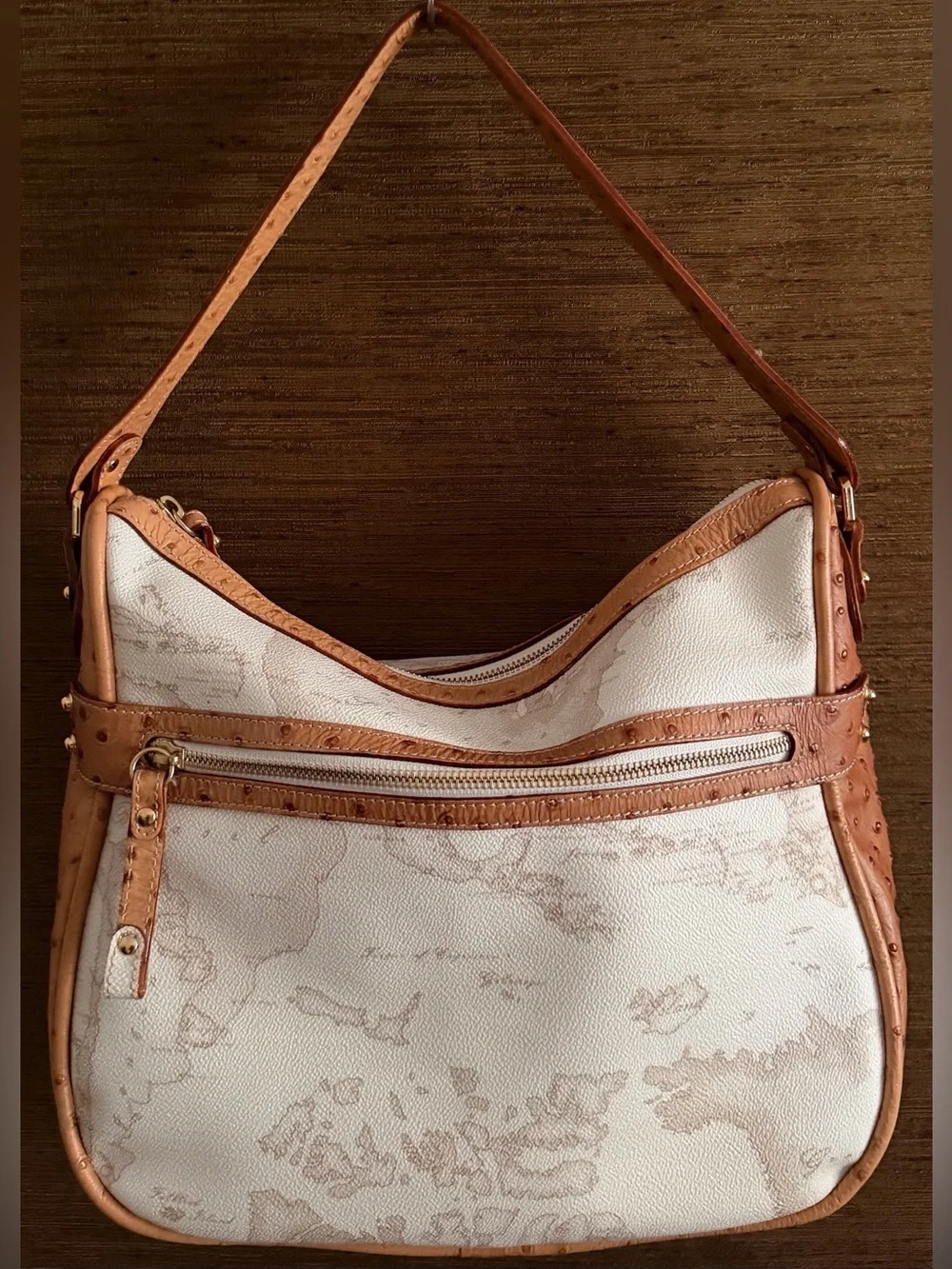 Alviero Martini 1a Classe Geo White Hobo Shoulder Bag Ostrich Trim Map Print